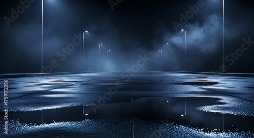 Dark rainy alley with blue light and fog