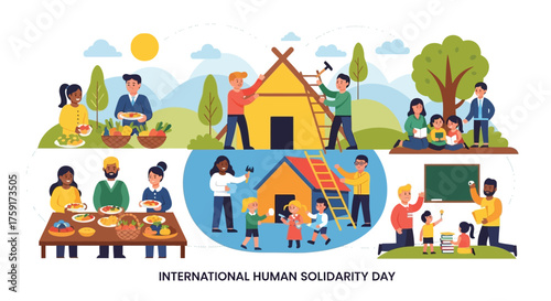 Colorful flat vector illustration of a community helping each other with food, shelter, and education, promoting kindness and togetherness, International Human Solidarity Day