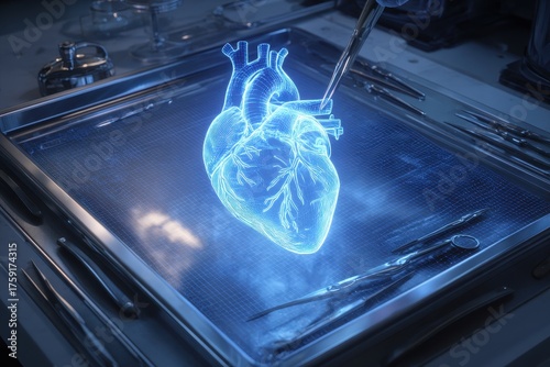Glowing Holographic Heart Displayed on Surgical Tray with Surgical Tools, Futuristic Medical Concept.