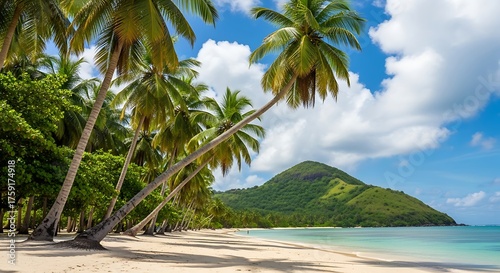 Tropical Beach Paradise with Palm Trees and Green Mountain.