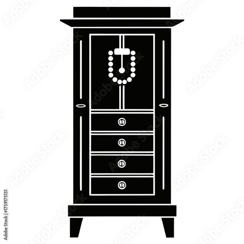 Antique wooden wardrobe with drawers and decorative top silhouette