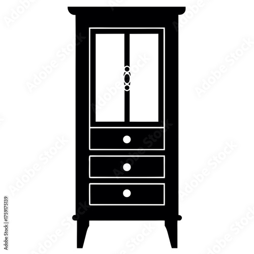 Antique wooden cabinet with glass doors and drawers silhouette