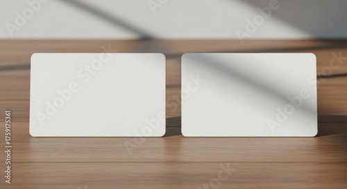 Two business cards mockup on wood surface with sunlight