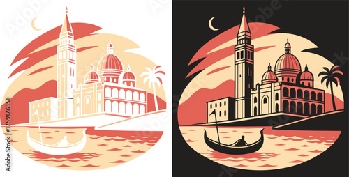 Dreamy Venice escape with gondola ride at sunset, a stylish retro travel design for vacation vibes and Italian adventure inspiration in warm hues