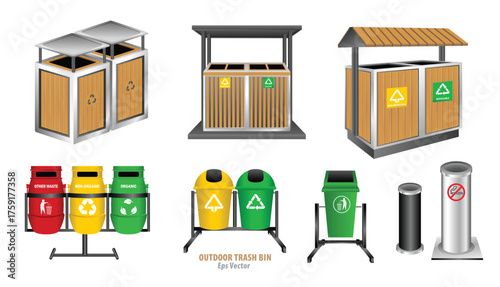 Set of Outdoor Trash Bins for Public Spaces and Shopping Centers or pedestrian.