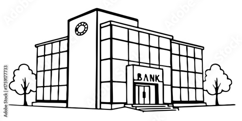 Illustration of a bank building financial institution with trees and clock and windows in black and white drawing