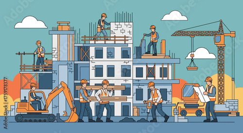 Workers and heavy machinery actively constructing a modern building symbolizing development and progress