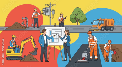 Urban infrastructure construction and maintenance with workers engineers and city planners collaborating