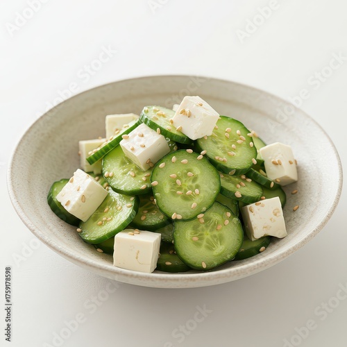 Fresh cucumber and tofu salad with sesame seeds in ceramic bowl, healthy vegan side dish, Japanese-inspired clean eating, light plant-based appetizer, minimalist food for menus, recipes, or blogs