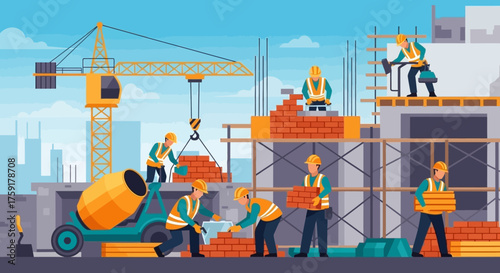 Construction workers building a structure with heavy equipment and materials on site