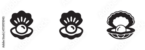 Oyster icons set, stylized open seashell with pearl , open oyster shell with a pearl inside silhouette, vector illustration EPS 10.