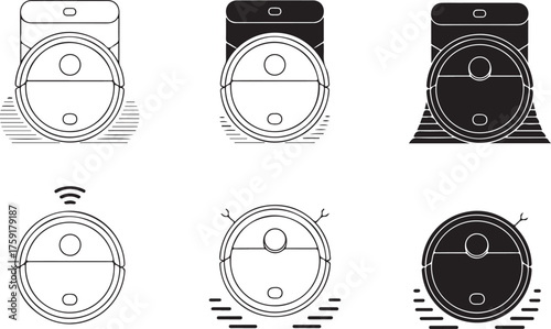 Set of Robotic Vacuum Cleaner Icons - Outline and Solid Smart Cleaning Vector