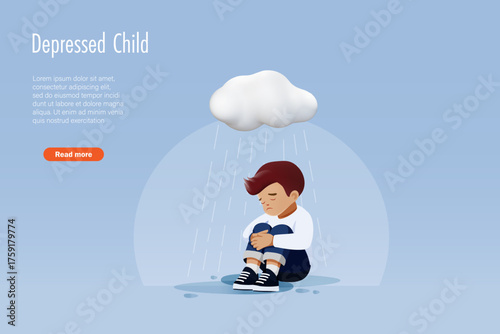 Depressed sad boy crying on the floor with raining cloud, suffering from bullying, harassment. Vector.