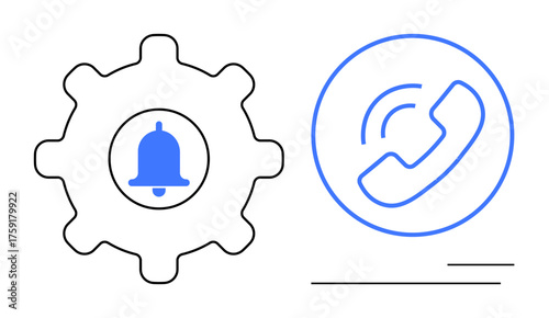 Gear with notification bell emphasizes alert settings, while a phone call icon denotes connectivity. Ideal for communication tools, notifications, alerts, tech processes, customization, calls, simple