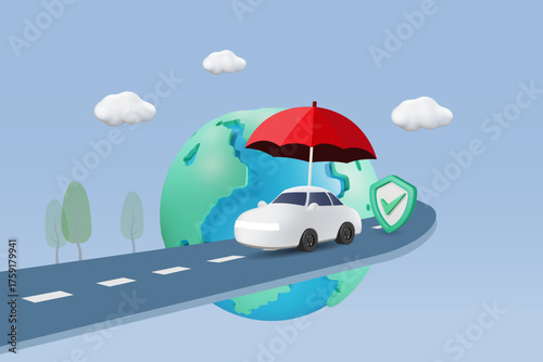 Car and travel insurance protection. Driving car on road across world with umbrella and Insurance shield. to protect from accident and travel. 3D vector.
