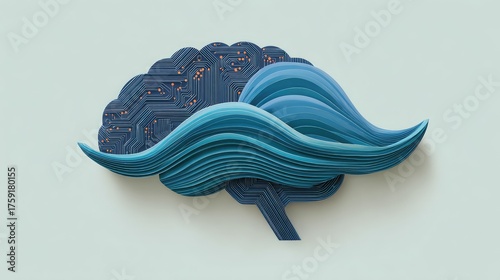 Wallpaper Mural Abstract representation of a human brain with blue waves and circuitry, symbolizing technology, creativity, innovation in artificial intelligence and mental processes Torontodigital.ca