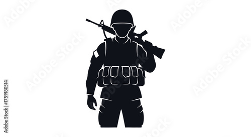 A soldier in tactical gear with a rifle slung over their shoulder depicted in a striking black silhouette