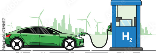 Hydrogen Car Refueling at Station with Renewable Energy Backdrop Depicts Sustainable Transport Future and Clean Environment Solutions in a Modern Eco-Friendly Vehicle Illustration Style Design for Gre