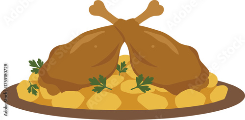 Flat Graphic Duck Confit Dish with Potato and Parsley Illustration