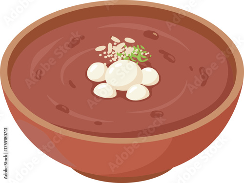 Flat Illustration Bowl of Sweet Red Bean Soup with Mochi Dango