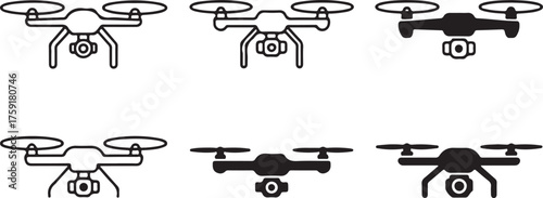 Drone with Camera Icon Set - Outline and Solid Vector Illustration