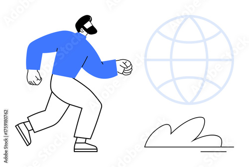 Man walking confidently towards a globe icon alongside small abstract elements. Ideal for topics thumbs up progress, globalization, ambition, innovation, leadership, goal setting, and motivation. A