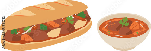 Flat Style Delicious Vietnamese Stewed Beef Sandwich Bo Kho and Soup