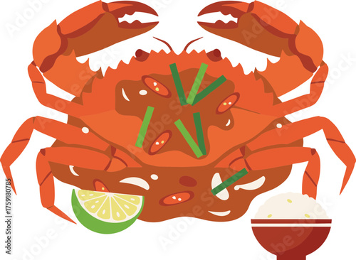 Flat Design Steamed Crab with Rice and Lime Asian Cuisine Illustration