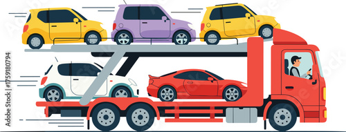 Car Carrier Truck Delivering Vehicles on Highway: Transportation of Automobiles for Dealerships, Import Export Business, Logistics, Modern Fleet, Automotive Industry, Delivery Service, Colorful Illust