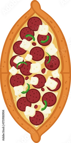 Flat Design Delicious Turkish Pizza Topping with Pepperoni and Cheese Food