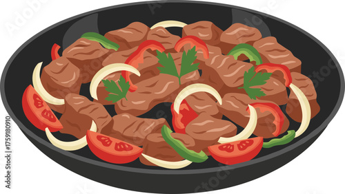 Flat Style Delicious Stir Fry Beef with Vegetable in Pan Illustration