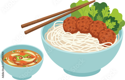 Canvas Print Flat Design Noodles with Meatball and Vegetables Bowl Asian Food Illustration