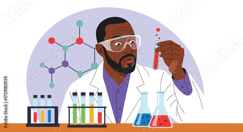 African American Scientist Analyzing Chemical Reaction in Laboratory Experiment, Holding Test Tube for Scientific Research, Innovation in Modern Medical Pharmaceutical Healthcare Biotechnology Industr