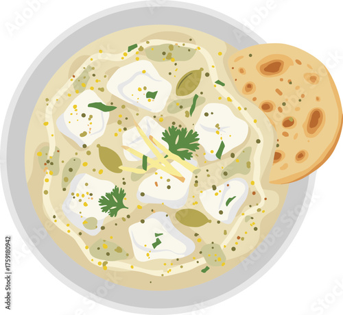 Flat Style Delicious Shahi Paneer Dish With Naan Bread Cuisine