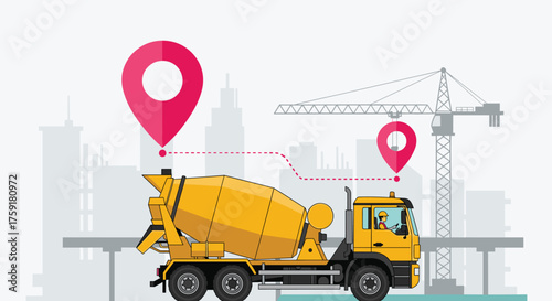 Concrete Mixer Truck Delivering Cement to Construction Site in Urban Environment, Modern Logistics and Transportation for Building Projects, Pink Location Pin Icon Tracking Route, Industrial Business,