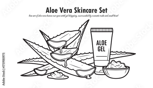 Black and white line art illustration of aloe vera leaves, gel tube, and a small bowl of gel, showcasing a skincare set.