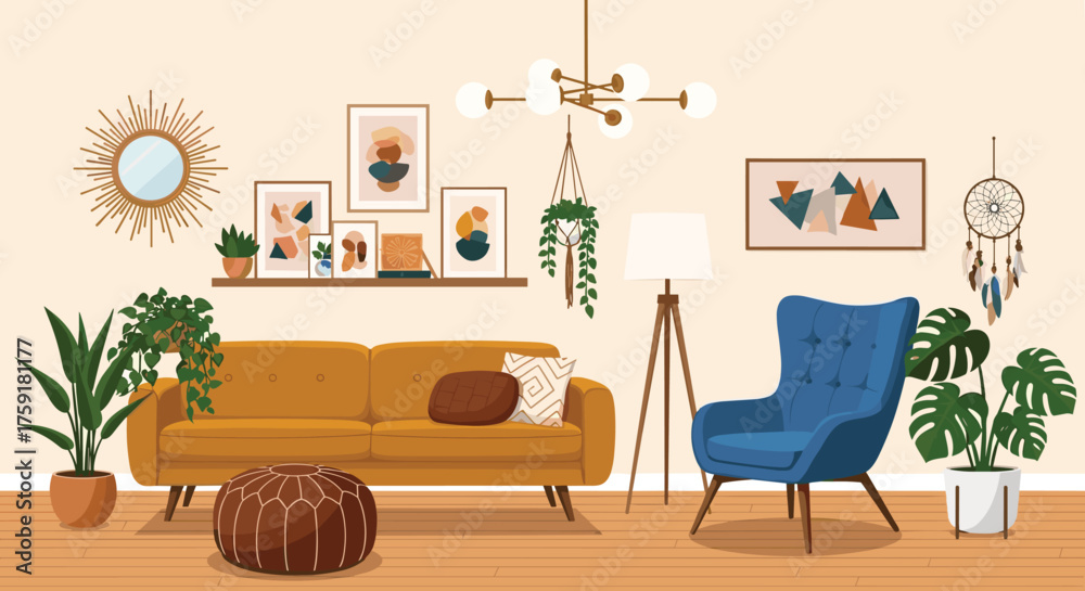 Obraz premium Bohemian Living Room Interior Design with Cozy Furniture, Mid-Century Modern Decor and Indoor Plants Creating Relaxed Home Environment for Lifestyle, Wellbeing, and Creative Inspiration in Earth Tones