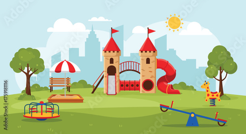 Vibrant Playground Scene with Castle and Play Equipment for Children's Activities, Illustration in Park Setting, Promoting Recreation and Childhood Development, Educational Fun in Sunny Outdoor Enviro