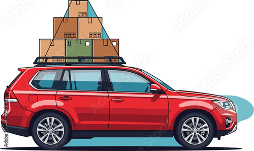 Red SUV Carrying Boxes on Roof Rack for Moving or Delivery Service in Suburban Environment Illustration, Representing Transport, Relocation, Shipping, and Logistics for Business or Personal Use, Moder