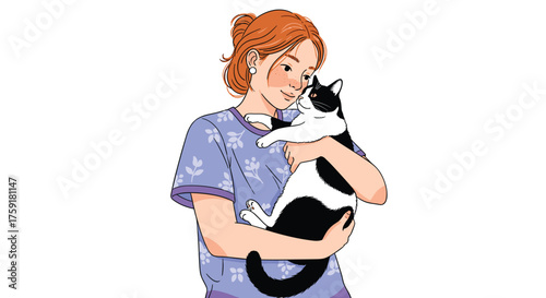 Young Woman Embracing Tuxedo Cat Indoors Affectionately, Showing Love and Companionship in a Bright Home Setting, Illustrating Pet Ownership, Human-Animal Bond for Lifestyle, Health, Family and Veteri