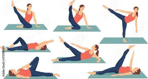 Woman Exercising Pilates Sequence on Yoga Mat for Fitness Training at Home, Enhancing Core Strength and Flexibility through Bodyweight Workout for Wellbeing, Healthy Lifestyle and Stress Relief in Mod