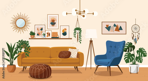 Bohemian Living Room Interior Design with Cozy Furniture, Mid-Century Modern Decor and Indoor Plants Creating Relaxed Home Environment for Lifestyle, Wellbeing, and Creative Inspiration in Earth Tones
