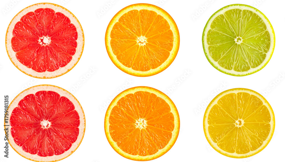 Fototapeta premium Citrus Variety Round Slices Isolated on Transparent Background Fresh and Colorful