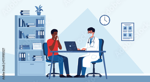 Sick Patient Consulting Doctor in Medical Office Exam Room: Healthcare Professional Provides Consultation, Diagnosis, Treatment for Illness, Cough, Flu, Cold - Modern Clinic Visit Illustration for Pre
