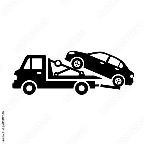 Tow truck carrying a car, black and white vector illustration.