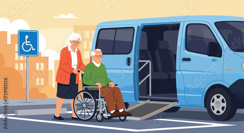 Elderly Couple Using Accessible Transportation Van with Wheelchair Ramp in Parking Lot near Building, Illustration for Senior Care Services, Medical Transport, Assistance, Disability Access, Healthcar