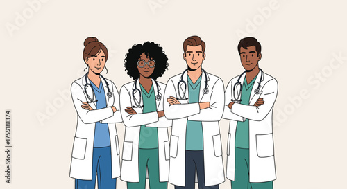 Team of Healthcare Professionals Standing Confidently in a Medical Clinic Setting, Ready to Provide Patient Care and Support. Modern Doctors in Uniforms with Stethoscopes - Healthcare, Medicine, Teamw