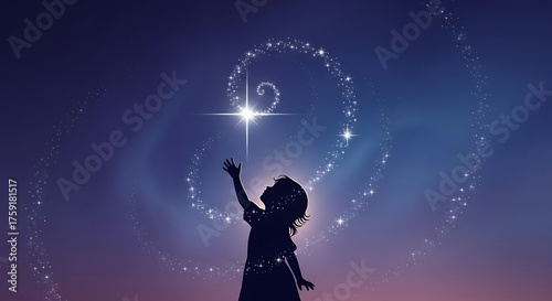 Silhouette of Girl Reaching Toward Bright Star with Magical Sparkles in Night Sky