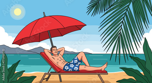 Relaxed Man Lounging on Beach Chair Under Umbrella, Tropical Vacation Getaway: Coastal Relaxation, Sunny Seascape, Exotic Holiday, Leisure Lifestyle, Travel Destination, Wellbeing, Summer Escape, Tour