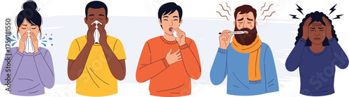 Diverse Group Experiencing Flu-like Symptoms & Illnesses: Healthcare Illustrations of Sick Individuals Sneezing, Coughing, Feverish, Headache in Contemporary Style for Medical Education, Health Awaren